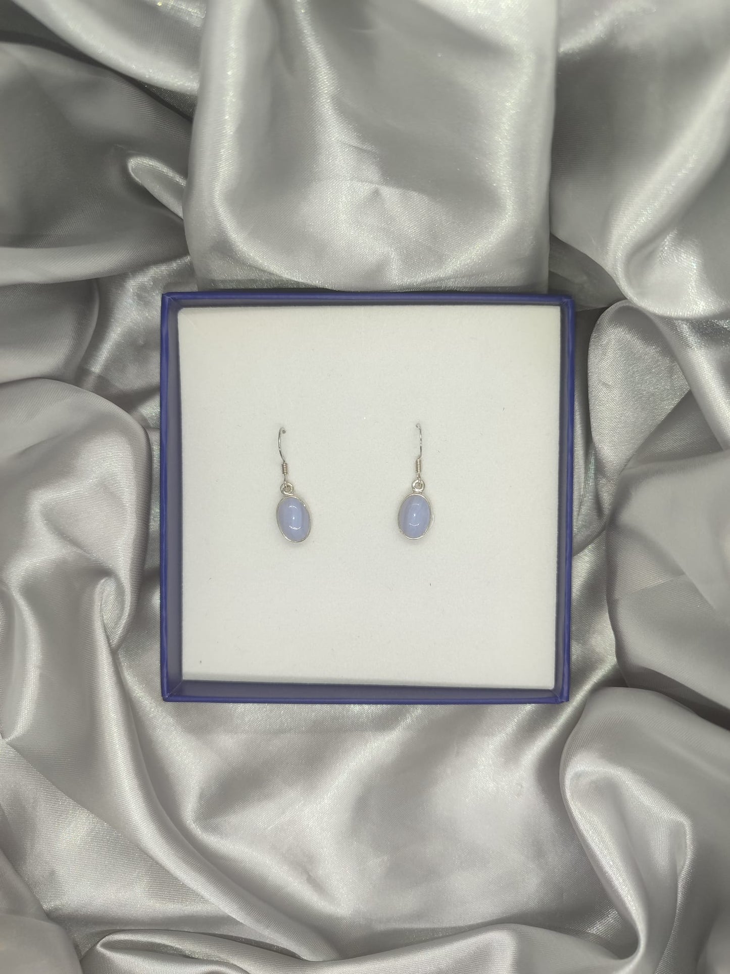 Blue Lace Agate Dangling Earrings-Oval