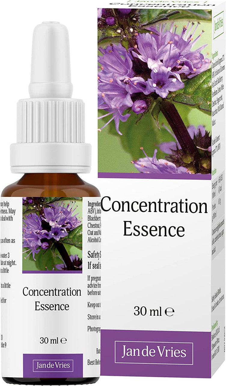 Jan De Vries Concentration Essence can assist during those moments in life when we need to be hyper-focused and attentive. This blend of essences can assist in sustaining mental alertness and aid with concentration, particularly before exams. Also helpful for long trips and meetings, insufficient focus, low self-esteem, and mental exhaustion.  NOTE: If you are pregnant or nursing, please consult a healthcare professional before using this product.