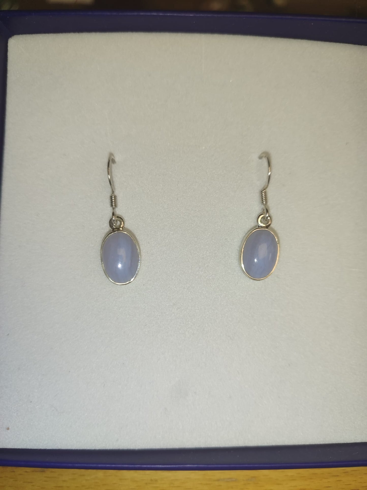 Blue Lace Agate Dangling Earrings-Oval